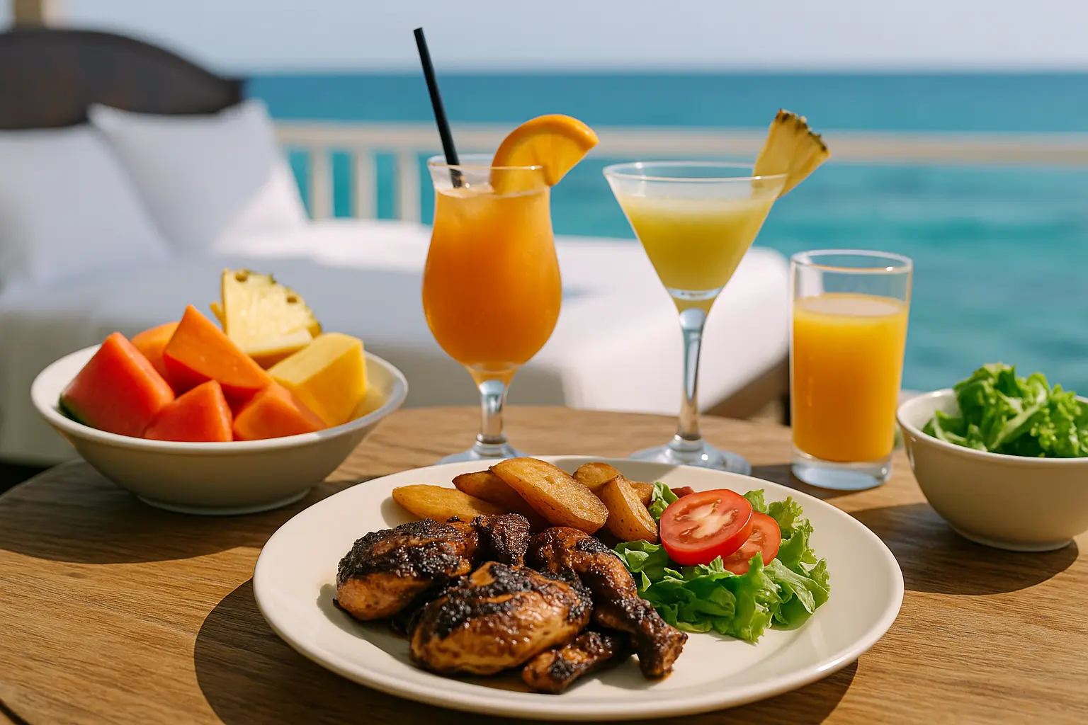 Romantic dining experience with Jamaican cuisine included in honeymoon package.