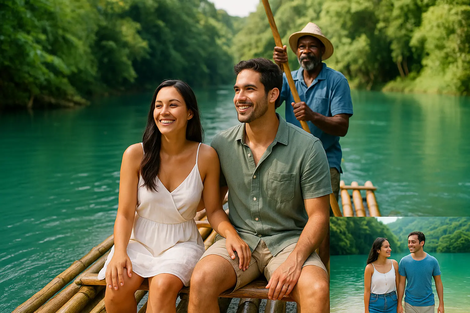Couples enjoying Rio Grande rafting tour in Port Antonio Jamaica.