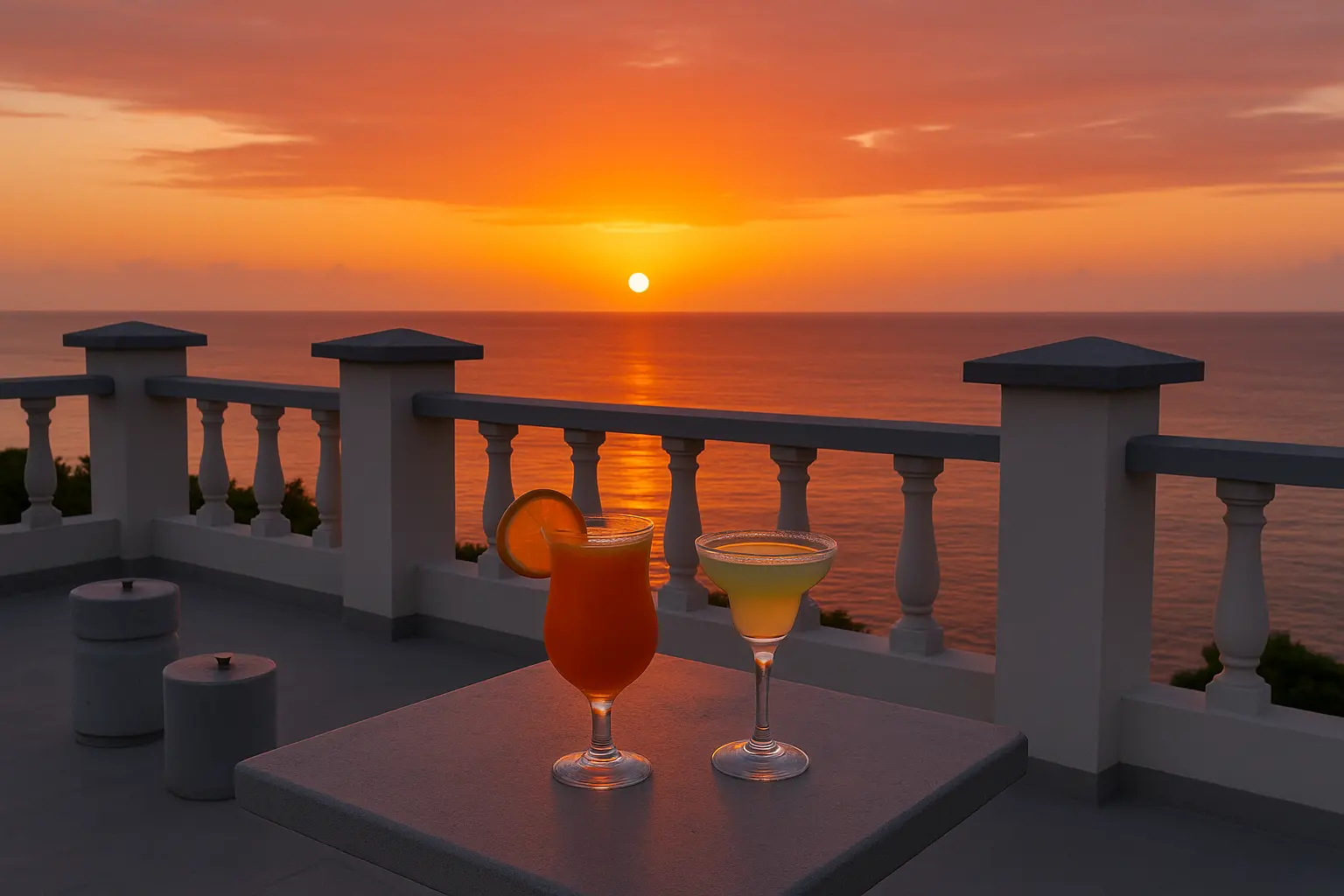 VivaViolas rooftop terrace with sunset ocean view in Port Antonio Jamaica.