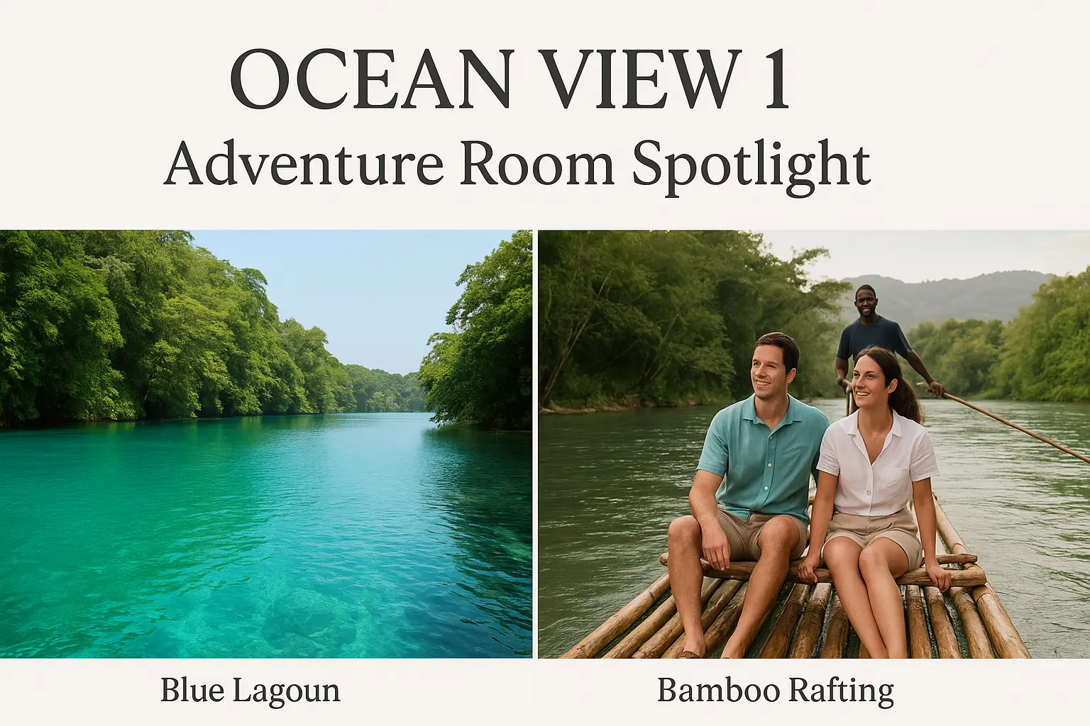 Vibrant adventure lifestyle photography. Blue Lagoon swimming and Rio Grande rafting near VivaViolas Guest House in Port Antonio Jamaica.