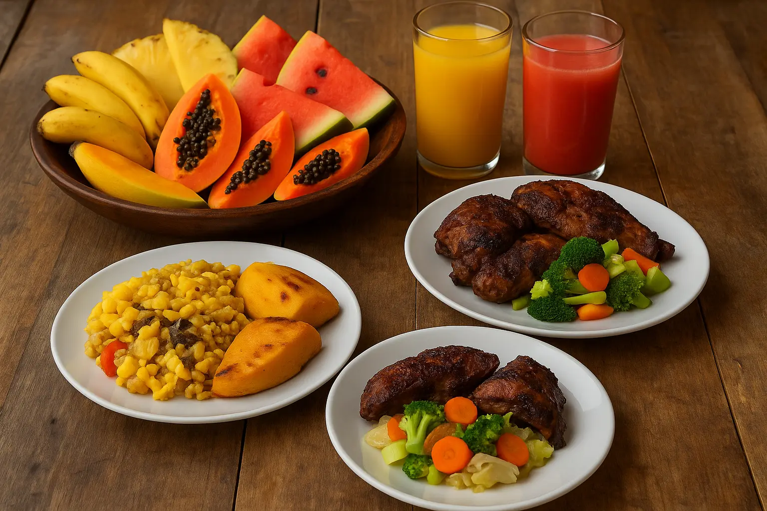 Warm food photography, colorful plating. Traditional Jamaican dining at VivaViolas Guest House β ackee and saltfish, jerk chicken, and tropical fruit breakfast.