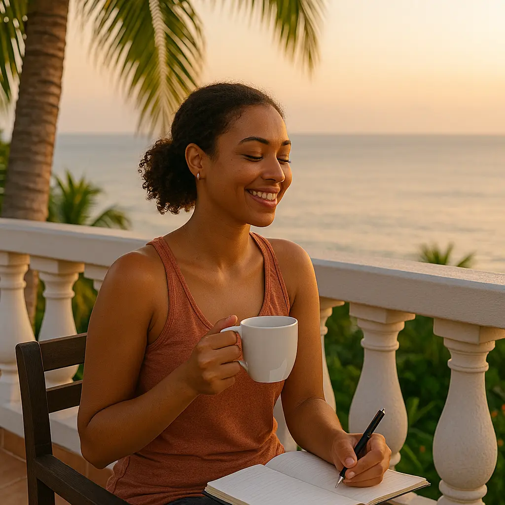 Guest relaxing on balcony at Viva Violas Guest House Port Antonio after yoga session.
