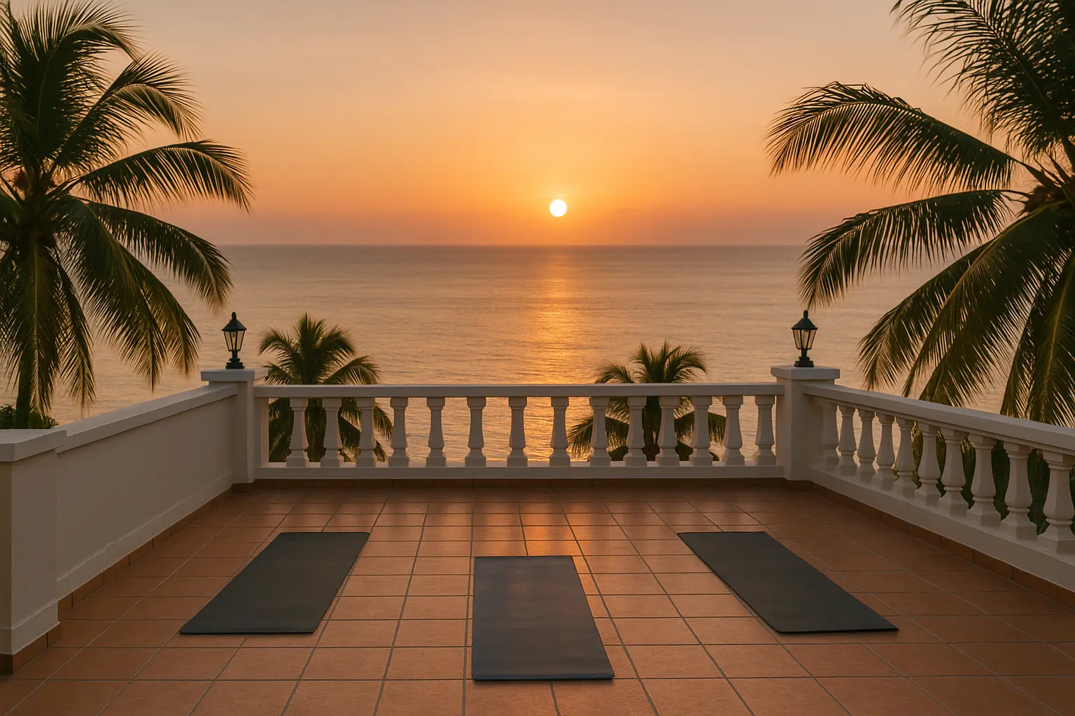 Sunset view from rooftop terrace at Viva Violas in Port Antonio – evening yoga and relaxation space.