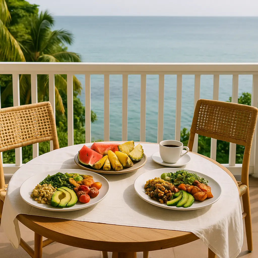 Tropical breakfast with fruits, plant-based dishes, and Blue Mountain coffee at Viva Violas Guest House in Port Antonio Jamaica.