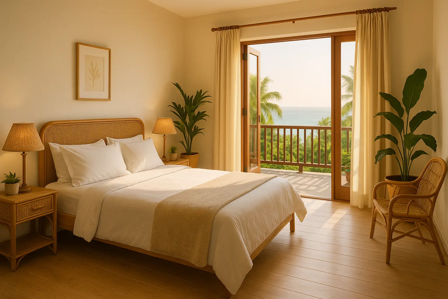 Ocean View Tranquility Room at Viva Violas Guest House in Port Antonio Jamaica with balcony, soft island décor, and ocean view.