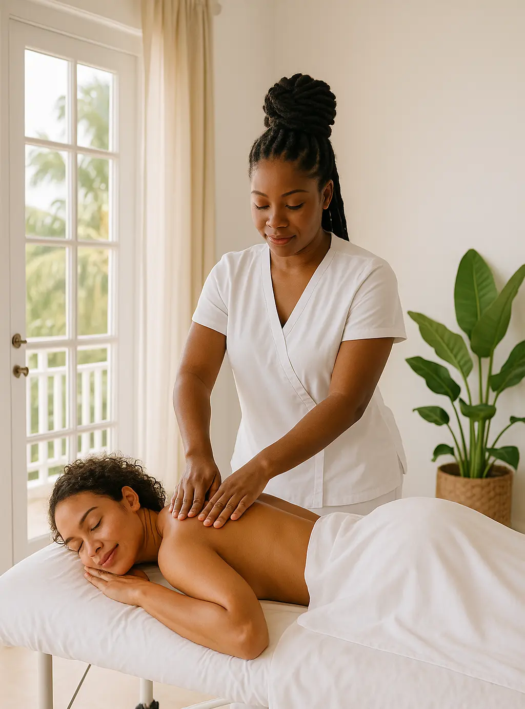 Massage therapist providing relaxation session in guest room at Viva Violas Guest House in Port Antonio Jamaica.