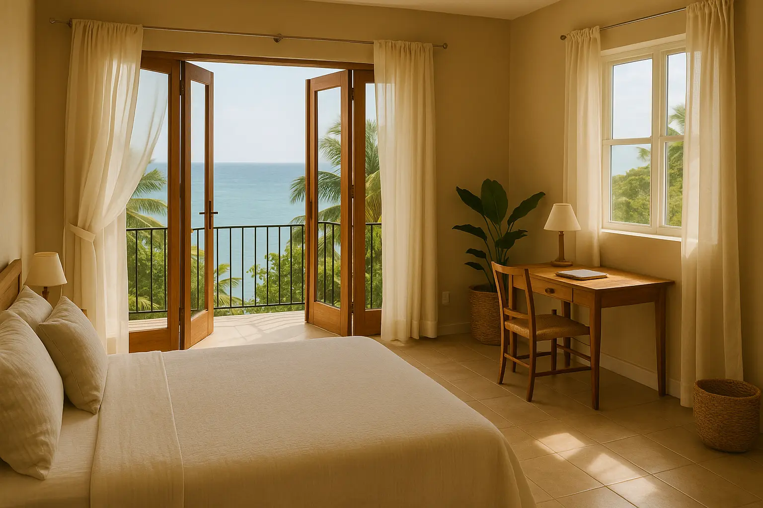 Tropical island-style bedroom at Viva Violas Guest House with open balcony doors and natural light reflecting soft Caribbean calm