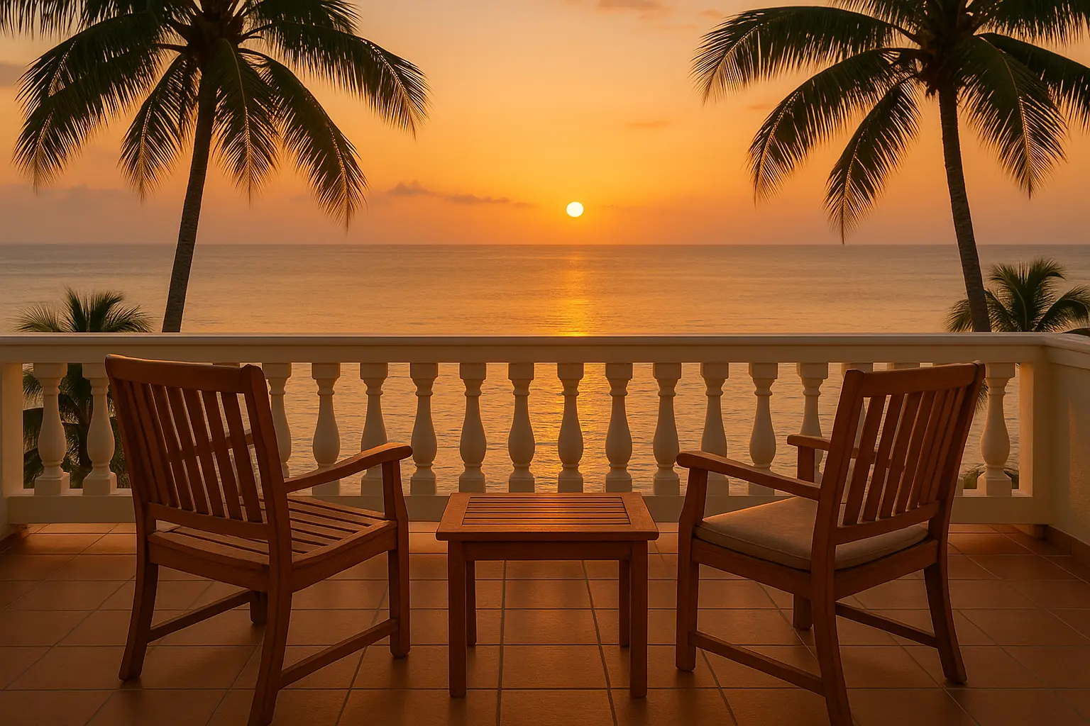 Balcony view from Ocean View Tranquility Room at Viva Violas Guest House Port Antonio Jamaica with sunset over the Caribbean Sea.