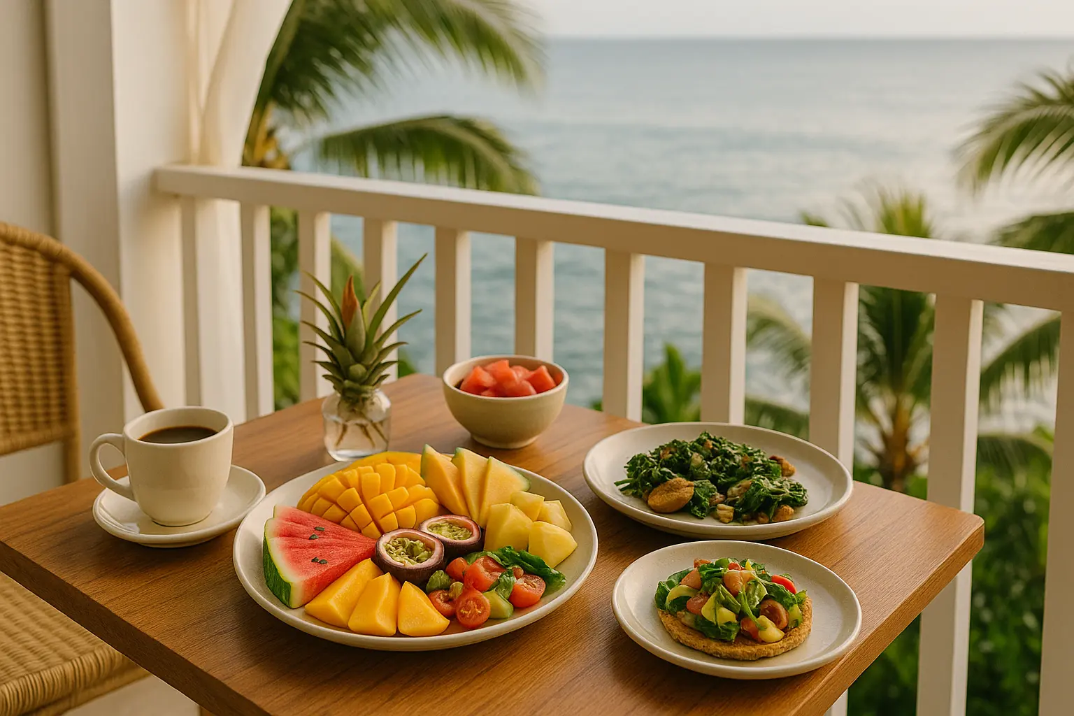 Caribbean breakfast with tropical fruits and Blue Mountain coffee on balcony overlooking the ocean at Viva Violas Guest House in Port Antonio Jamaica.