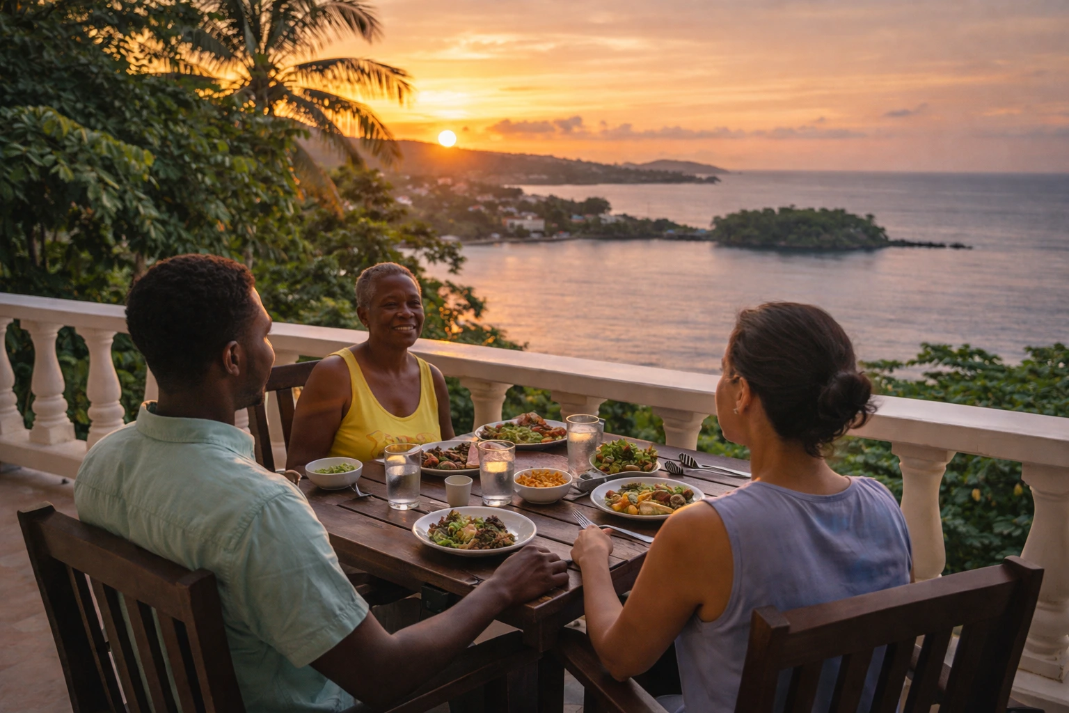 Guests enjoying authentic Jamaican dining experience in Port Antonio at sunset