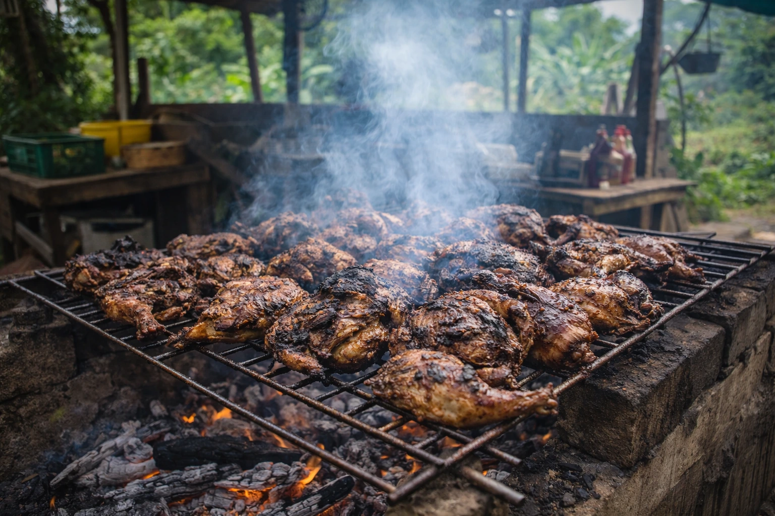 Traditional Jamaican jerk chicken cooking over open fire in Portland Jamaica