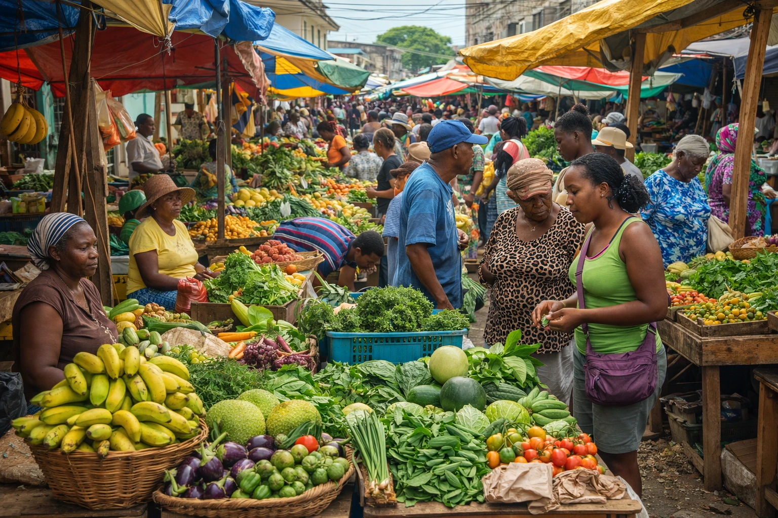 Port Antonio market with local vendors selling fresh fruits and vegetables