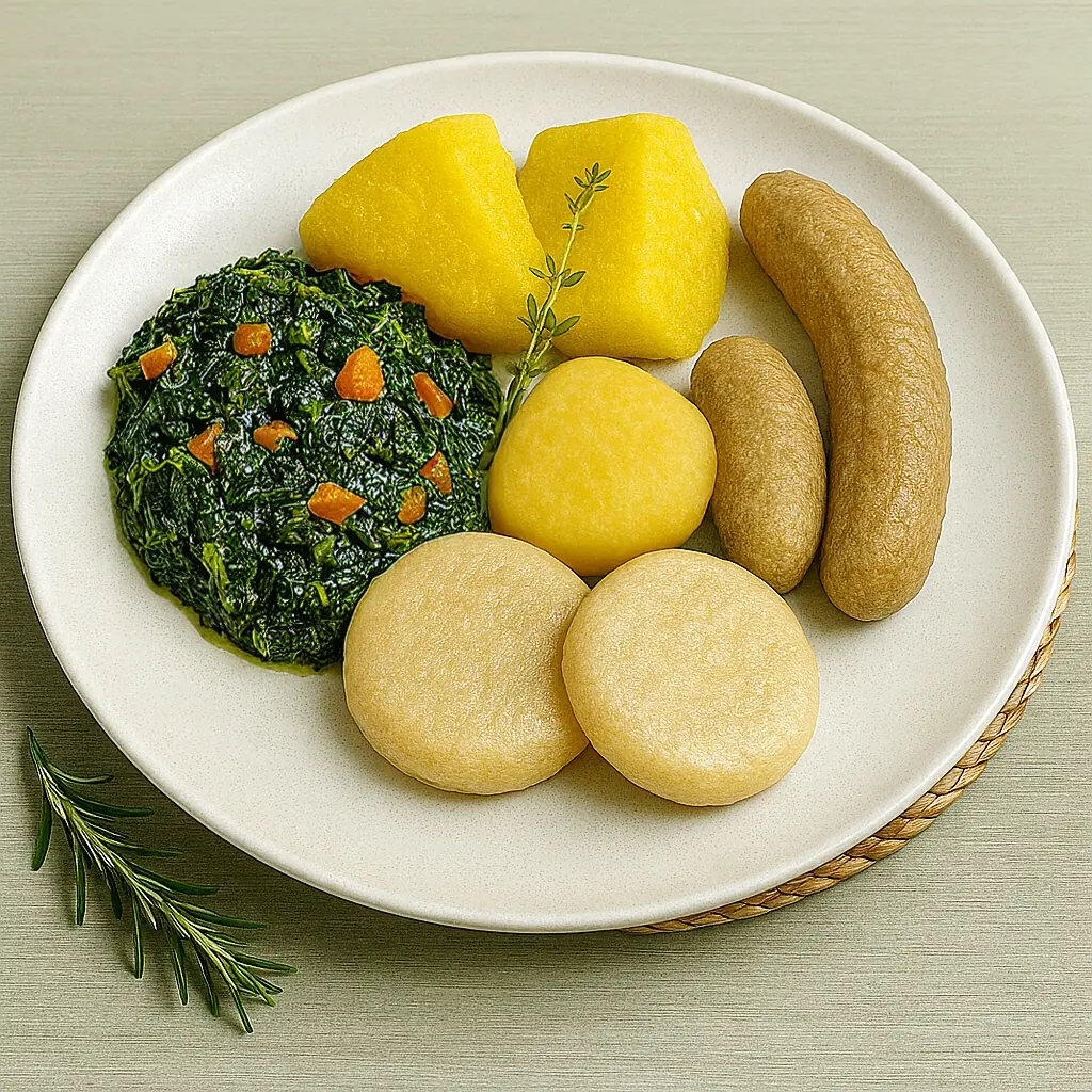 Garden-to-Plate  (Jerk Veggie Burgers, Fried Green Plantains, No Rice, Bean Salad – [Zesty mixed beans])